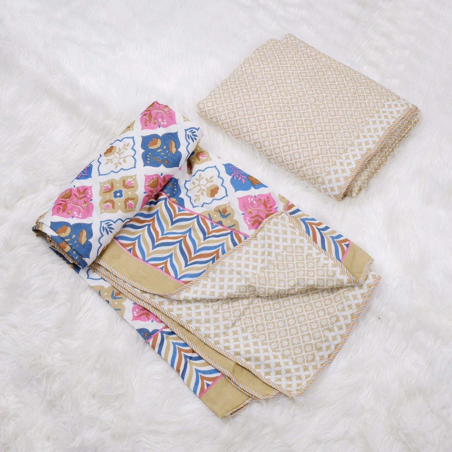 Jaipuri Dohar Blanket (Set of 2) | 100% Mulmul Cotton | Block Print | Single Bed - Neelam